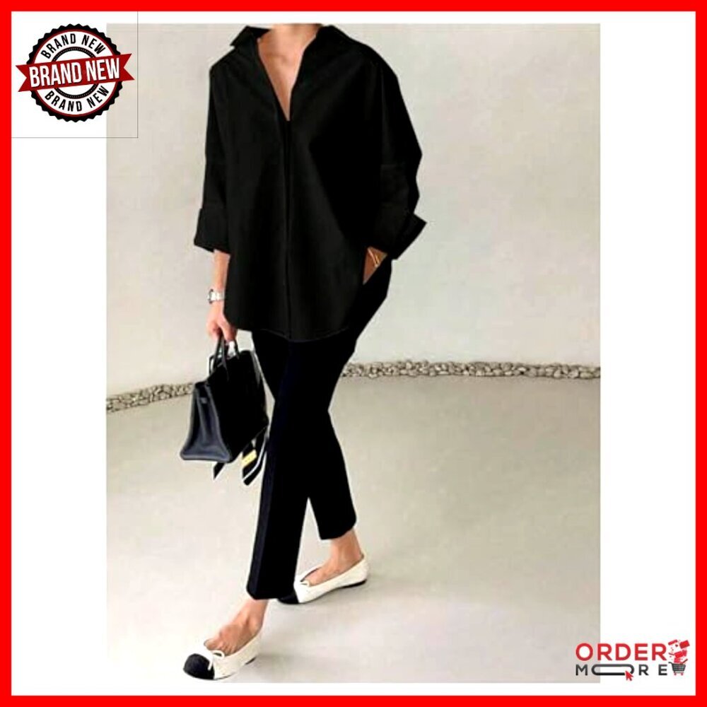 Oversized Button Down Shirt, Bell Sleeves, Work Casual Blouse, Premium Fabric - Picture 4 of 5